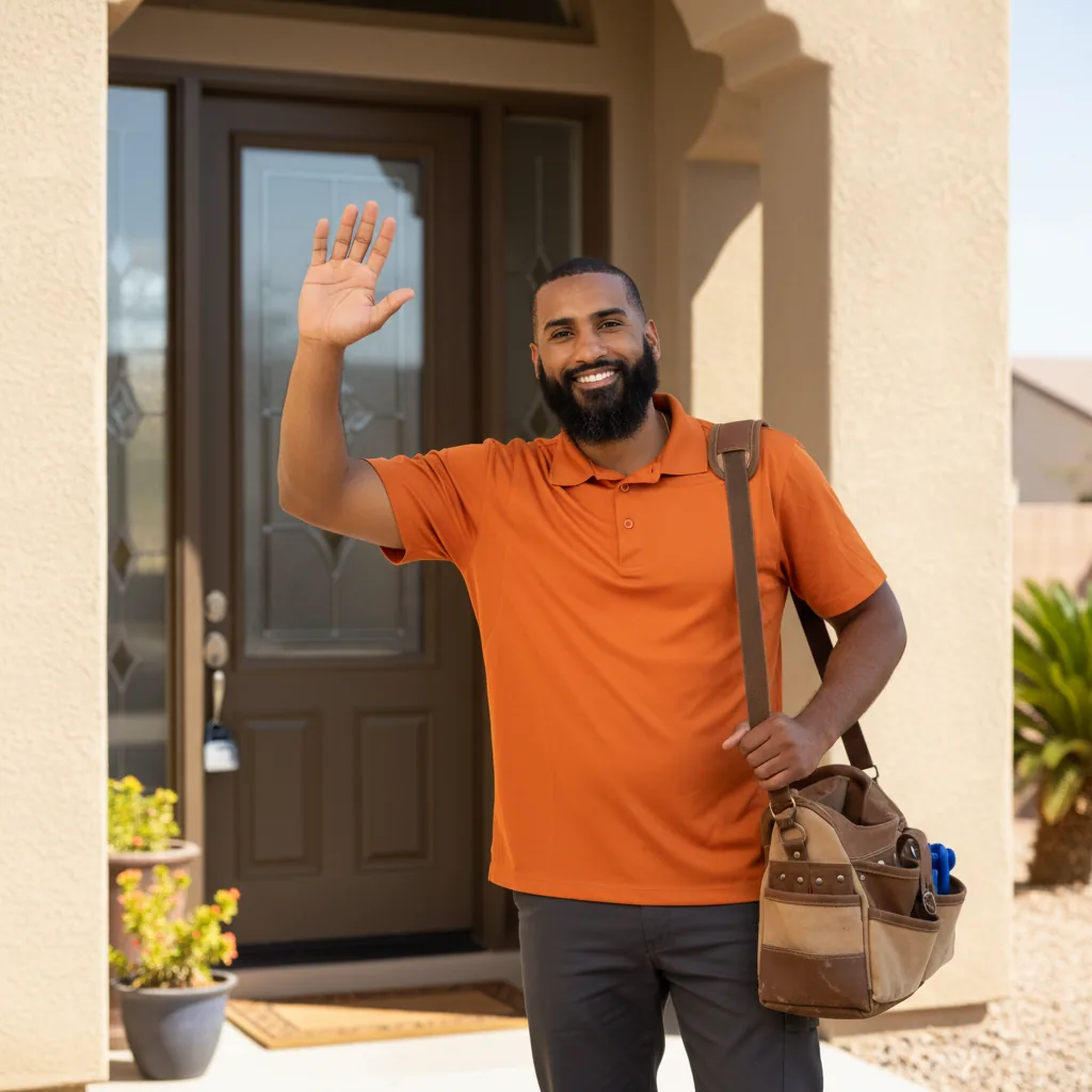 Friendly Kingdom Plumbing technician greeting a homeowner at their Las Vegas front door