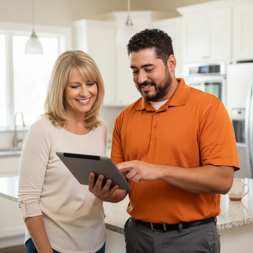 Kingdom Plumbing technician showing a Las Vegas homeowner upfront pricing on a tablet