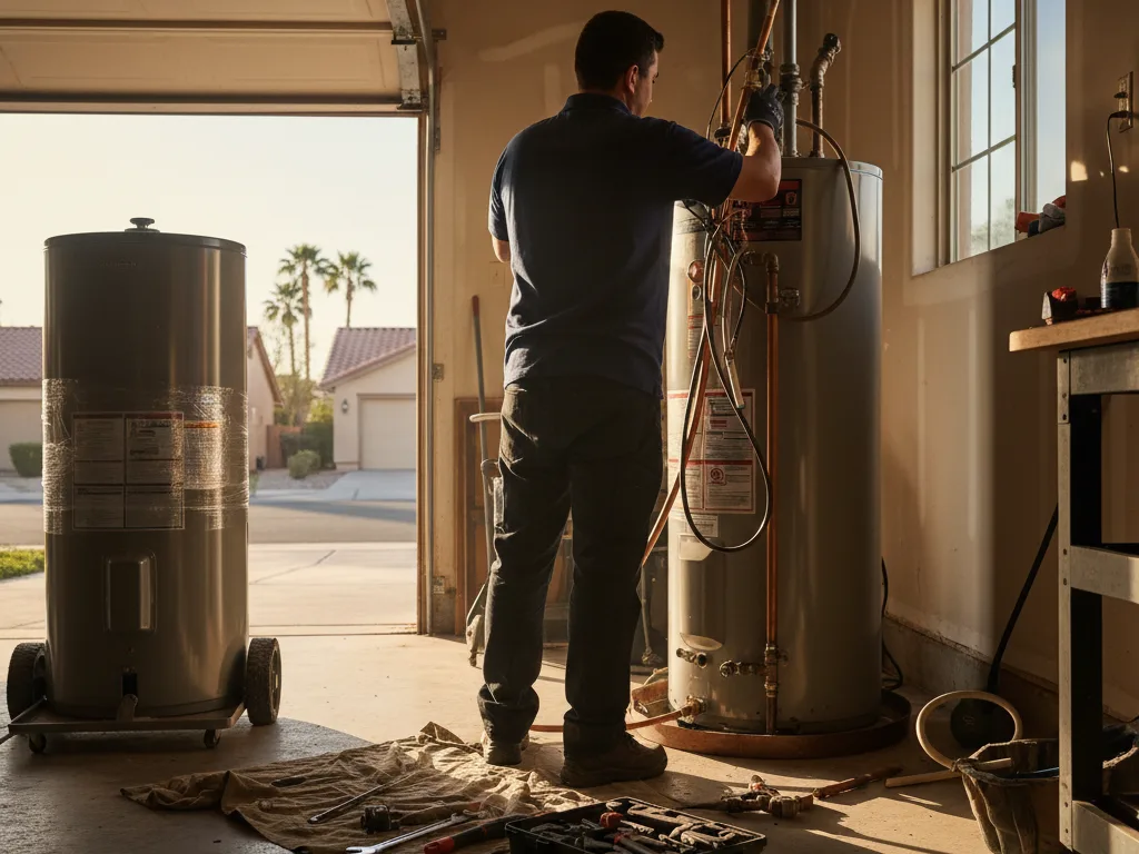 Plumber replacing a tank water heater in a Las Vegas garage, old unit out and the new one going in