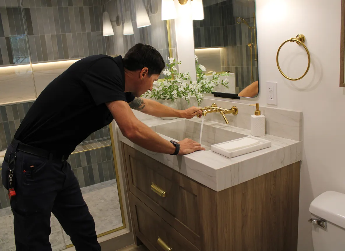 Kingdom Plumbing technician repairing a bathroom vanity faucet during a Las Vegas faucet repair