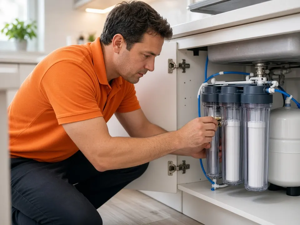 Plumber installing an under-sink reverse osmosis water filtration system in a Las Vegas kitchen